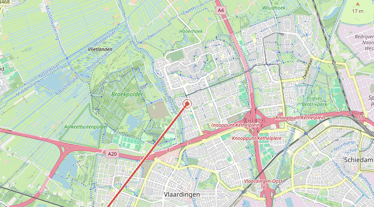 Kaart van de omgeving van de melding, met de kazerne die is gealarmeerd