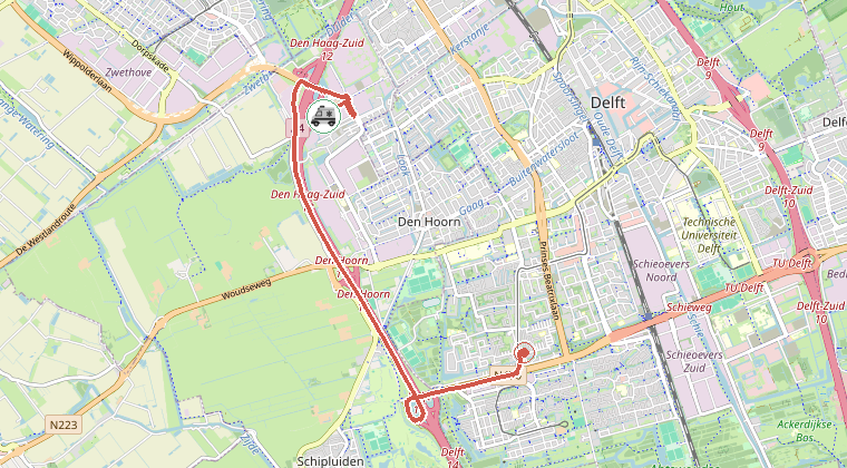 Kaart van de omgeving van de melding, met de kazerne die is gealarmeerd
