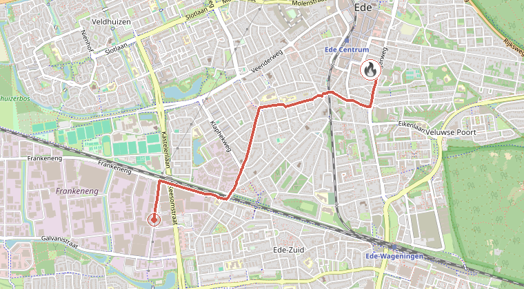 Kaart van de omgeving van de melding, met de kazerne die is gealarmeerd