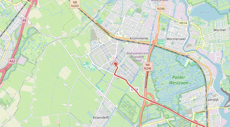 Kaart van de omgeving van de melding, met de kazerne die is gealarmeerd