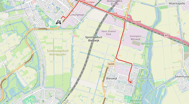 Kaart van de omgeving van de melding, met de kazerne die is gealarmeerd