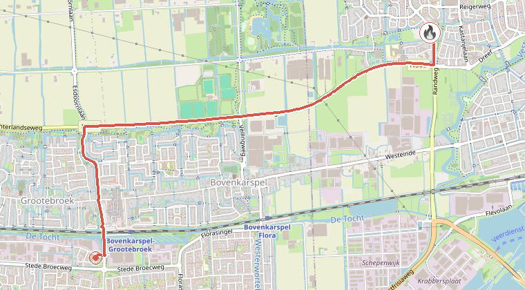 Kaart van de omgeving van de melding, met de kazerne die is gealarmeerd
