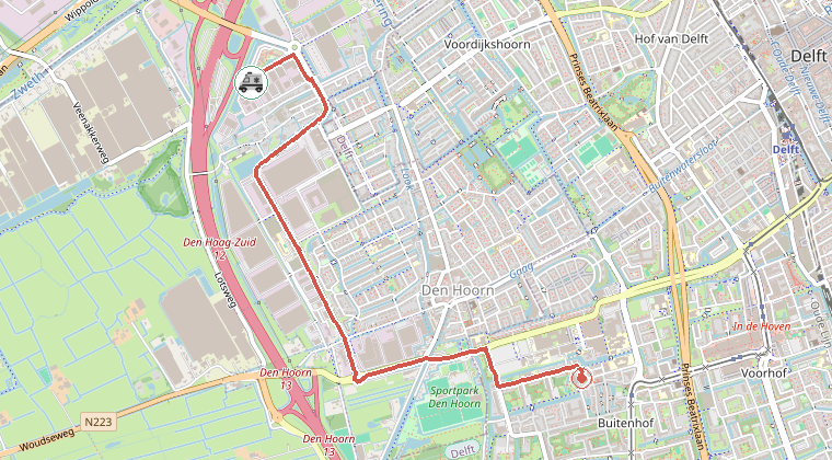 Kaart van de omgeving van de melding, met de kazerne die is gealarmeerd