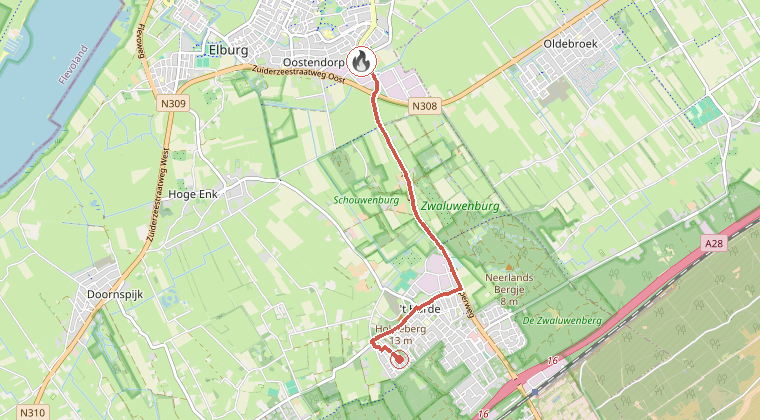 Kaart van de omgeving van de melding, met de kazerne die is gealarmeerd