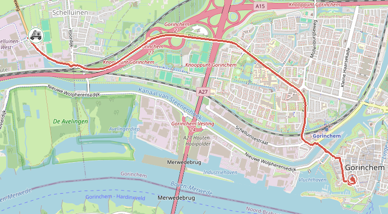 Kaart van de omgeving van de melding, met de kazerne die is gealarmeerd