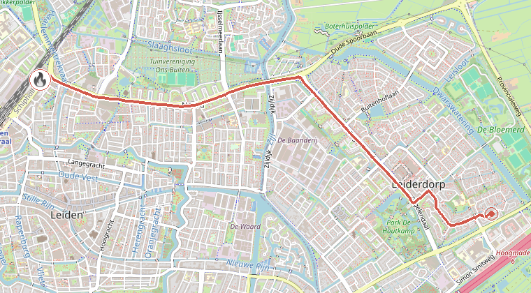 Kaart van de omgeving van de melding, met de kazerne die is gealarmeerd