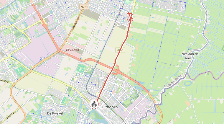 Kaart van de omgeving van de melding, met de kazerne die is gealarmeerd