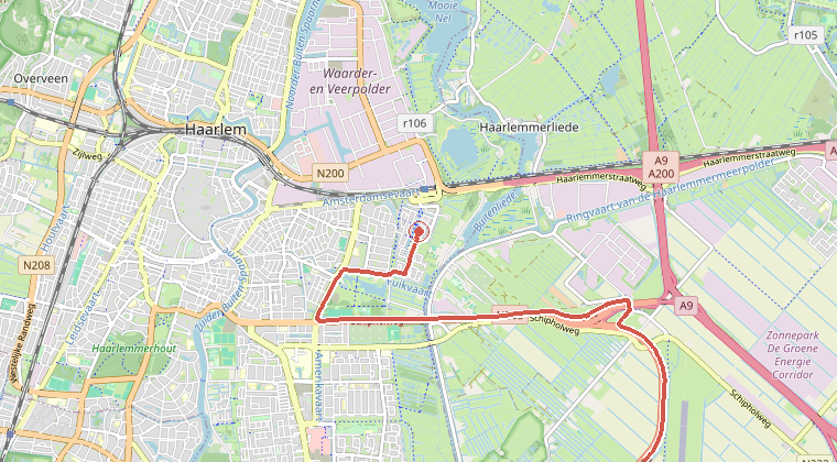 Kaart van de omgeving van de melding, met de kazerne die is gealarmeerd