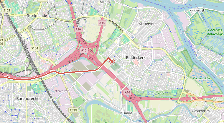 Kaart van de omgeving van de melding, met de kazerne die is gealarmeerd