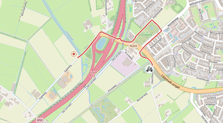 Kaart van de omgeving van de melding, met de kazerne die is gealarmeerd