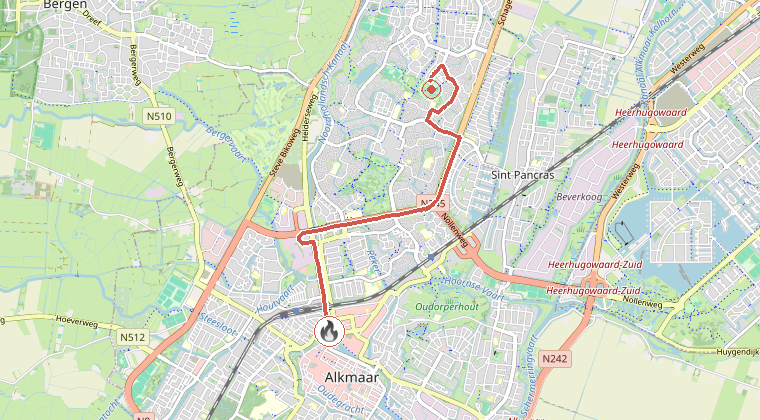 Kaart van de omgeving van de melding, met de kazerne die is gealarmeerd