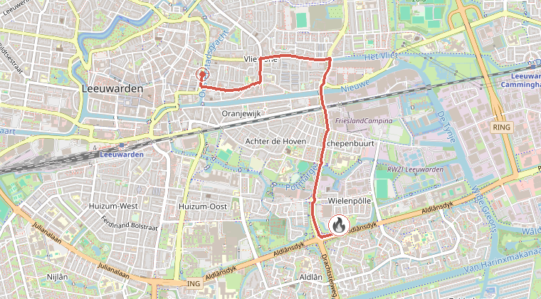 Kaart van de omgeving van de melding, met de kazerne die is gealarmeerd