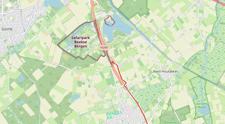 Kaart van de omgeving van de melding, met de kazerne die is gealarmeerd
