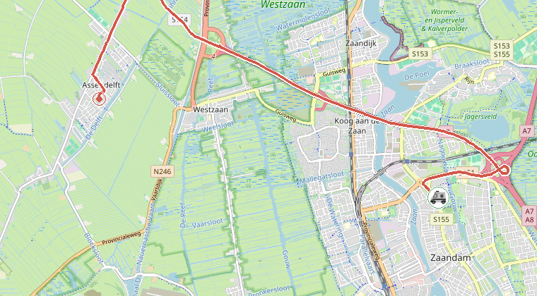 Kaart van de omgeving van de melding, met de kazerne die is gealarmeerd