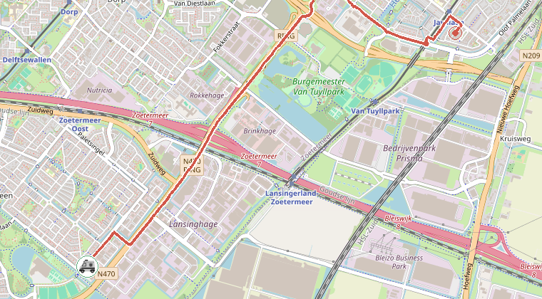 Kaart van de omgeving van de melding, met de kazerne die is gealarmeerd