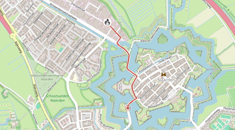 Kaart van de omgeving van de melding, met de kazerne die is gealarmeerd