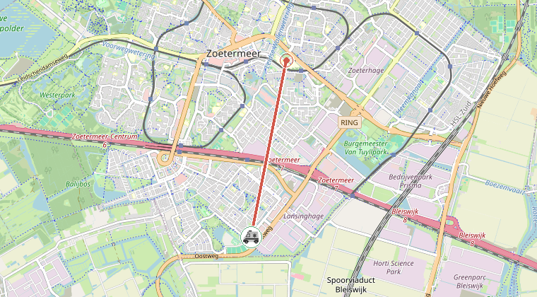 Kaart van de omgeving van de melding, met de kazerne die is gealarmeerd