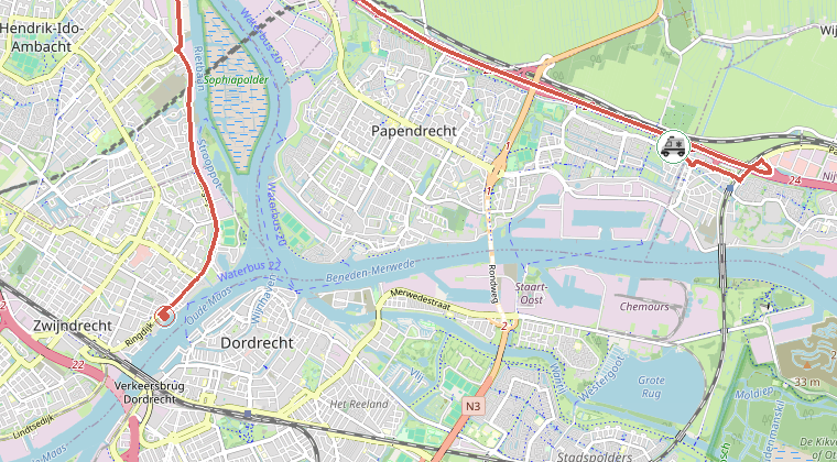 Kaart van de omgeving van de melding, met de kazerne die is gealarmeerd