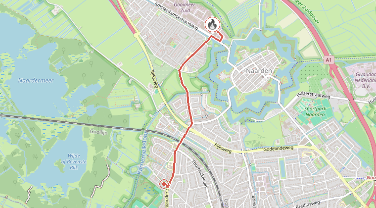 Kaart van de omgeving van de melding, met de kazerne die is gealarmeerd