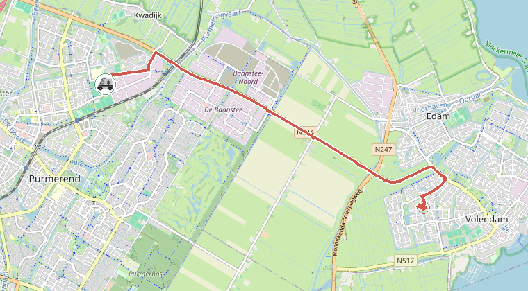 Kaart van de omgeving van de melding, met de kazerne die is gealarmeerd