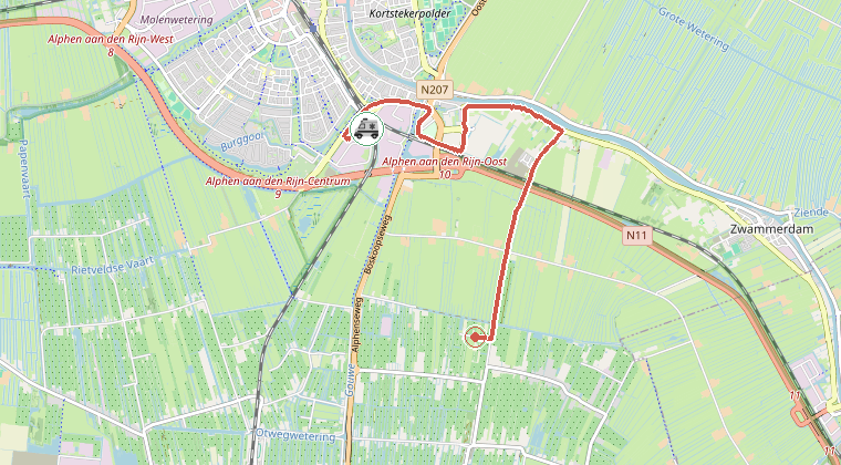 Kaart van de omgeving van de melding, met de kazerne die is gealarmeerd