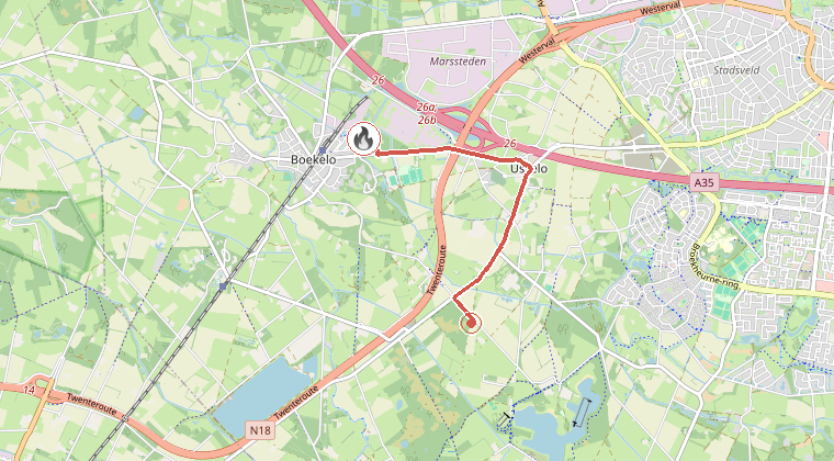 Kaart van de omgeving van de melding, met de kazerne die is gealarmeerd