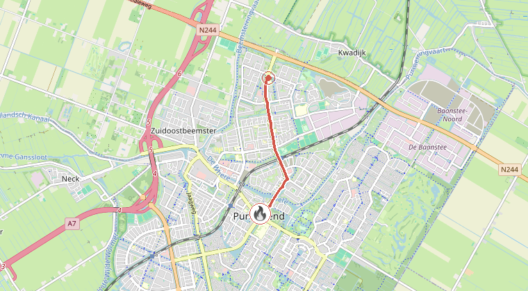 Kaart van de omgeving van de melding, met de kazerne die is gealarmeerd
