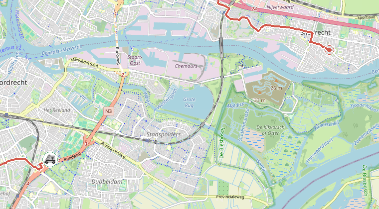 Kaart van de omgeving van de melding, met de kazerne die is gealarmeerd