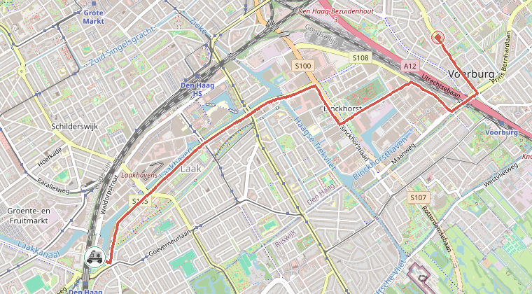 Kaart van de omgeving van de melding, met de kazerne die is gealarmeerd
