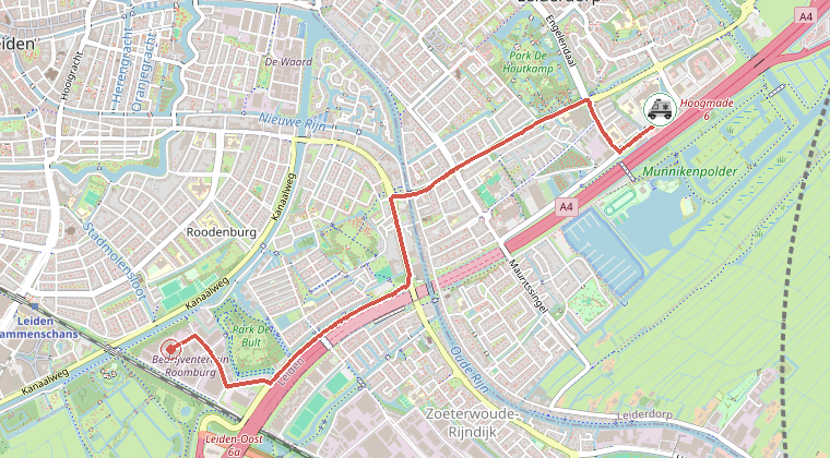 Kaart van de omgeving van de melding, met de kazerne die is gealarmeerd