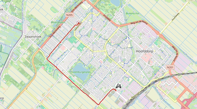 Kaart van de omgeving van de melding, met de kazerne die is gealarmeerd