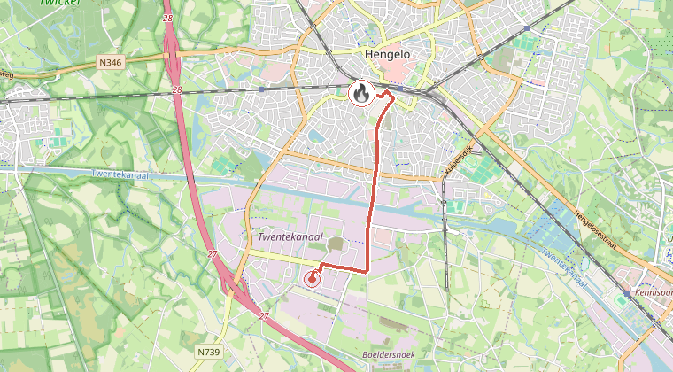 Kaart van de omgeving van de melding, met de kazerne die is gealarmeerd