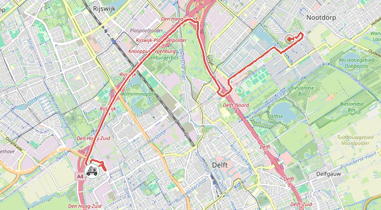 Kaart van de omgeving van de melding, met de kazerne die is gealarmeerd