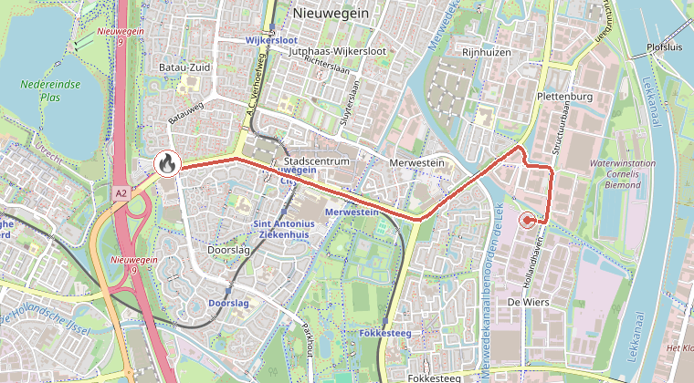 Kaart van de omgeving van de melding, met de kazerne die is gealarmeerd