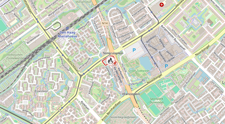 Kaart van de omgeving van de melding, met de kazerne die is gealarmeerd