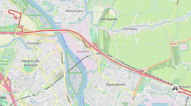 Kaart van de omgeving van de melding, met de kazerne die is gealarmeerd