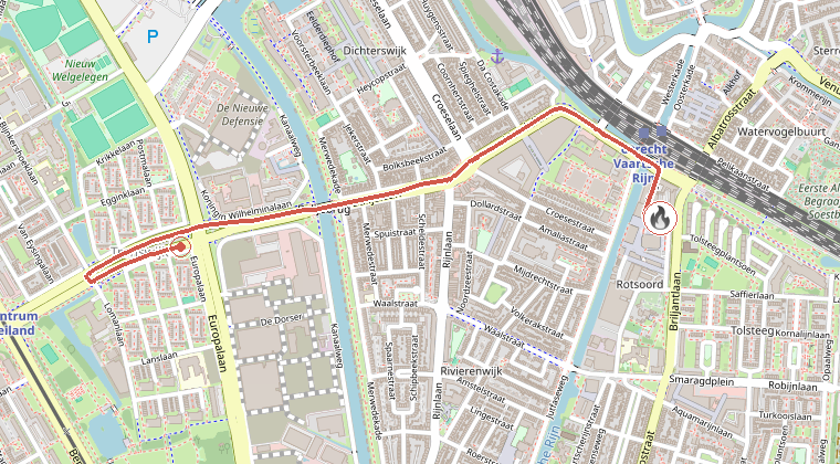 Kaart van de omgeving van de melding, met de kazerne die is gealarmeerd