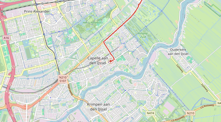 Kaart van de omgeving van de melding, met de kazerne die is gealarmeerd