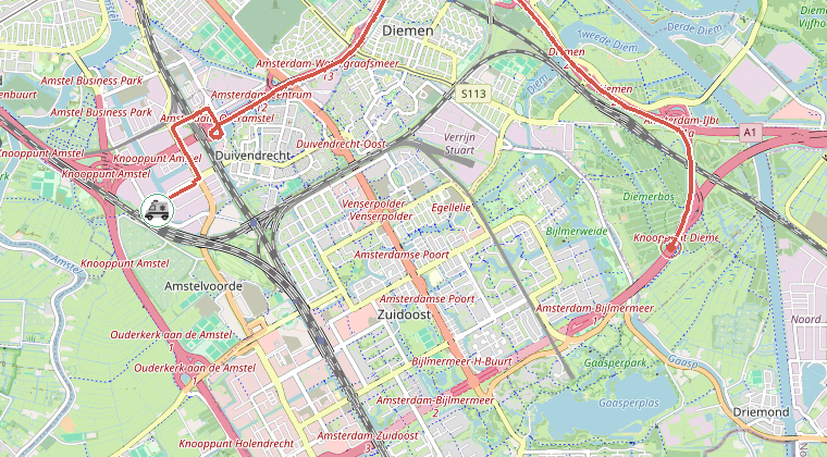 Kaart van de omgeving van de melding, met de kazerne die is gealarmeerd