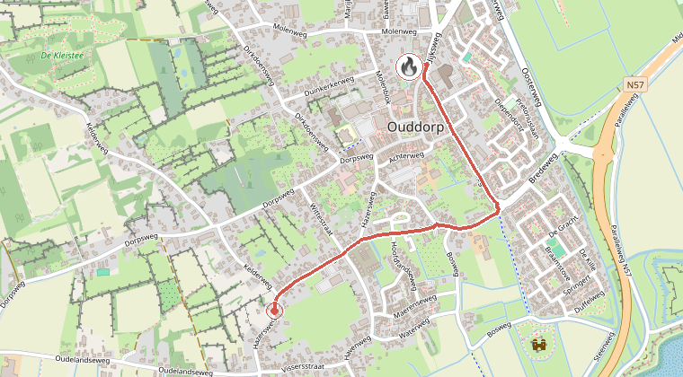 Kaart van de omgeving van de melding, met de kazerne die is gealarmeerd