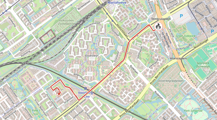 Kaart van de omgeving van de melding, met de kazerne die is gealarmeerd