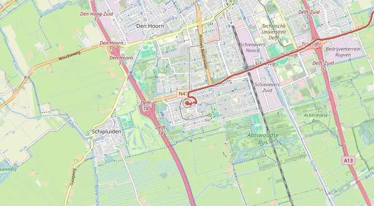 Kaart van de omgeving van de melding, met de kazerne die is gealarmeerd
