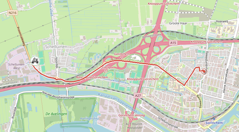 Kaart van de omgeving van de melding, met de kazerne die is gealarmeerd