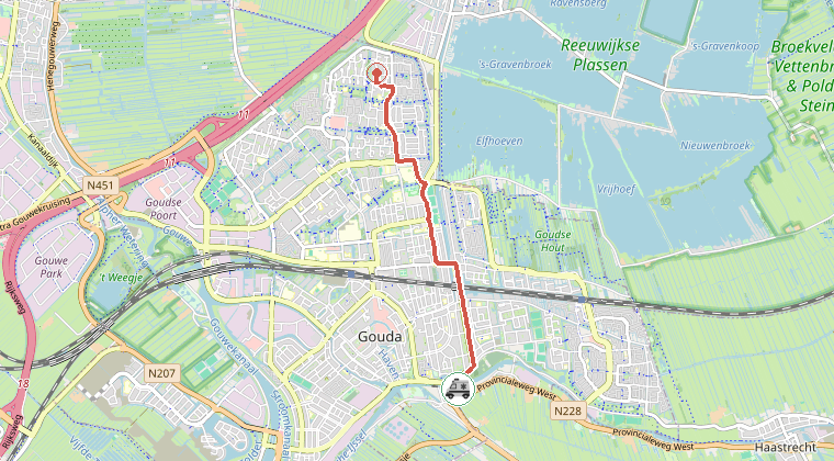 Kaart van de omgeving van de melding, met de kazerne die is gealarmeerd