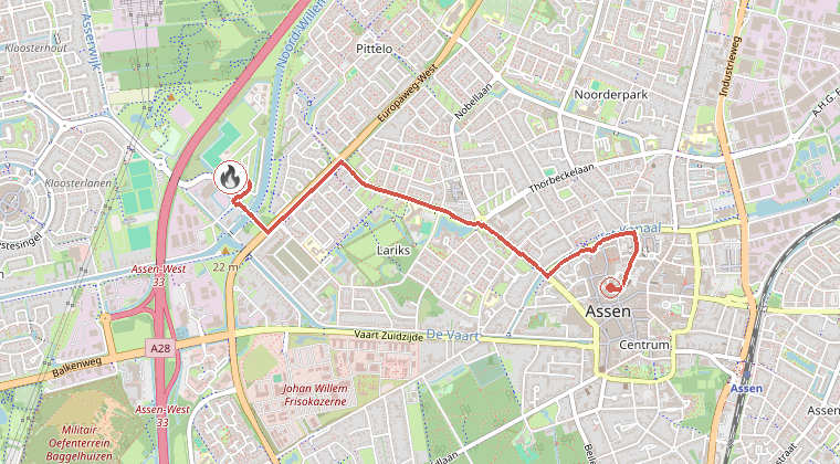 Kaart van de omgeving van de melding, met de kazerne die is gealarmeerd