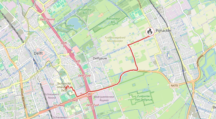 Kaart van de omgeving van de melding, met de kazerne die is gealarmeerd