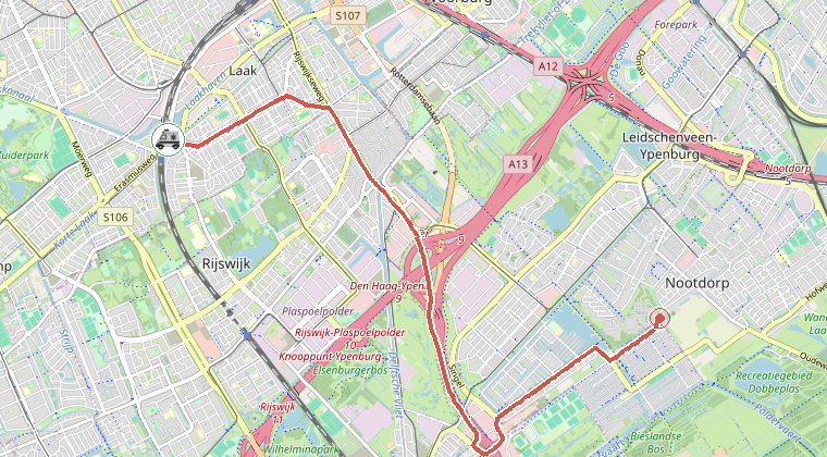 Kaart van de omgeving van de melding, met de kazerne die is gealarmeerd