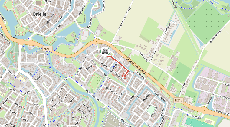 Kaart van de omgeving van de melding, met de kazerne die is gealarmeerd