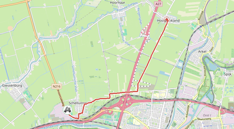 Kaart van de omgeving van de melding, met de kazerne die is gealarmeerd
