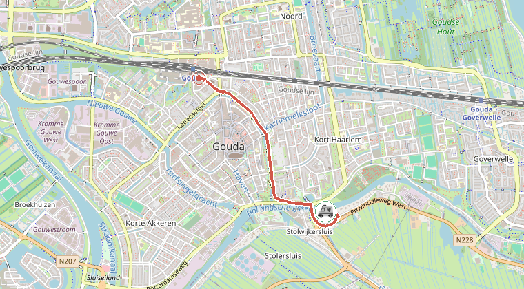 Kaart van de omgeving van de melding, met de kazerne die is gealarmeerd
